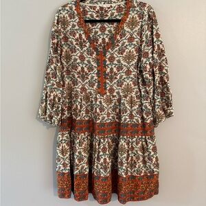 Fat Face Brown and Orange Tiered Sundress with Bishop Sleeves